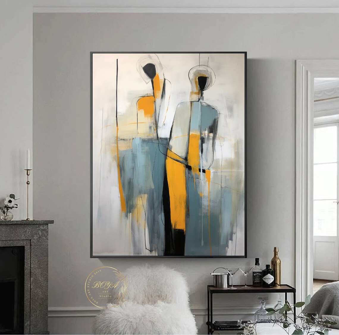 Large Figure Abstract Painting, Yellow and Blue Art Print - Image 5