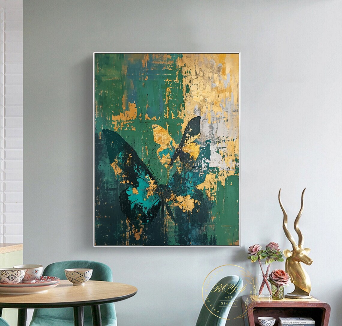 Green Butterfly Abstract Art, Gold-Textured Art Print - Image 4