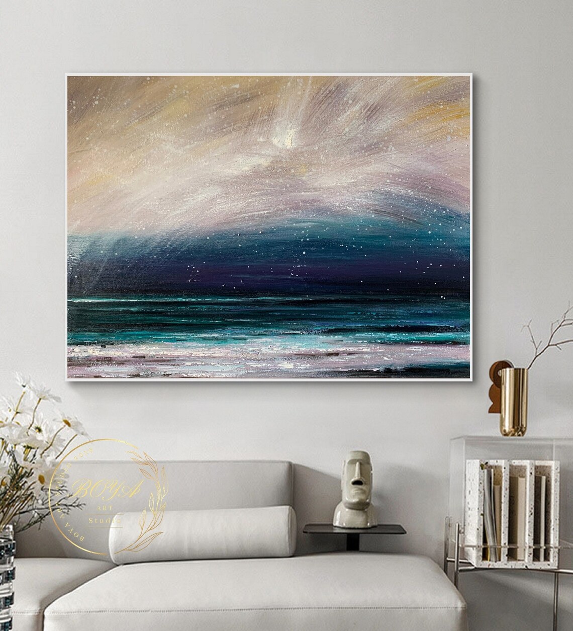 Starry Night Over the Ocean in Teal and Gold Abstract Poster - Image 2