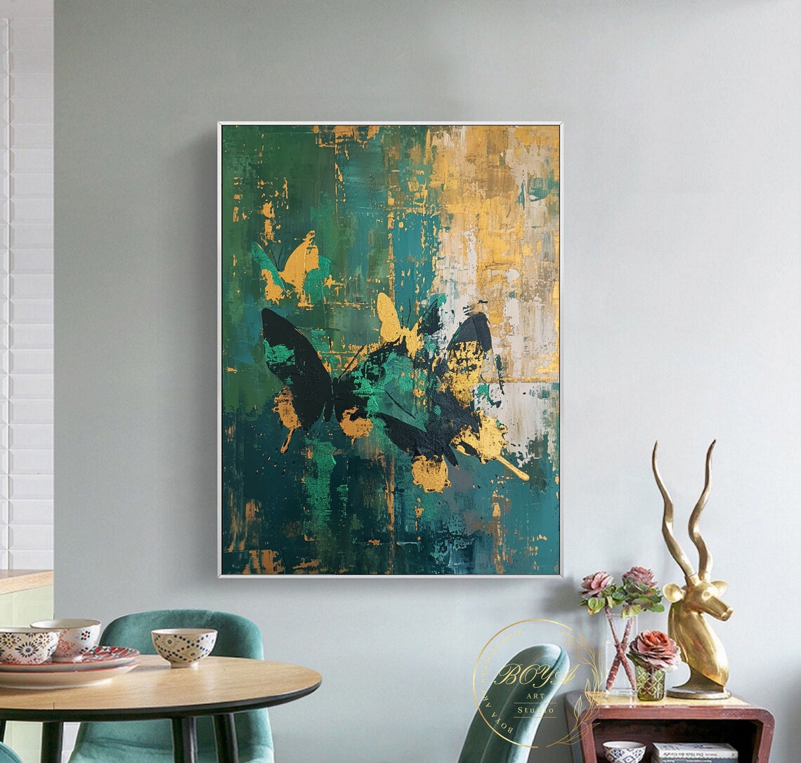 Large Green Wall Painting Butterfly Abstract Art Original Gold Textured Art Butterfly Wall Painting Green Art Modern Gold Painting - Image 3