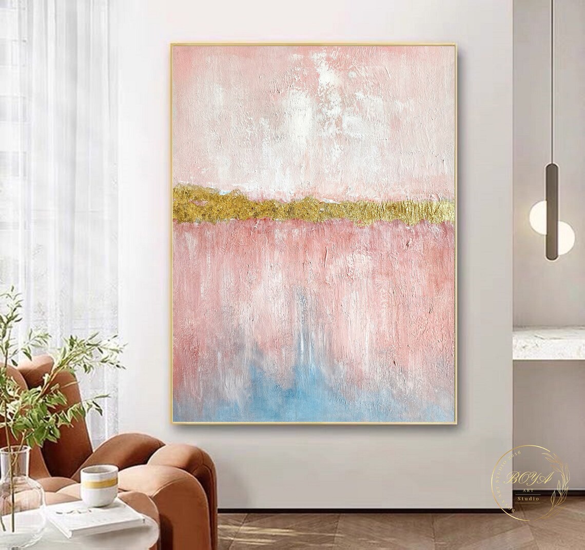 Pink Abstract Painting, Minimalist Gold Texture Art Print - Image 2