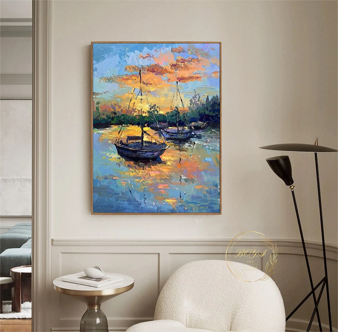 Sailboat Abstract Painting, Orange Sunset Seascape - Image 4