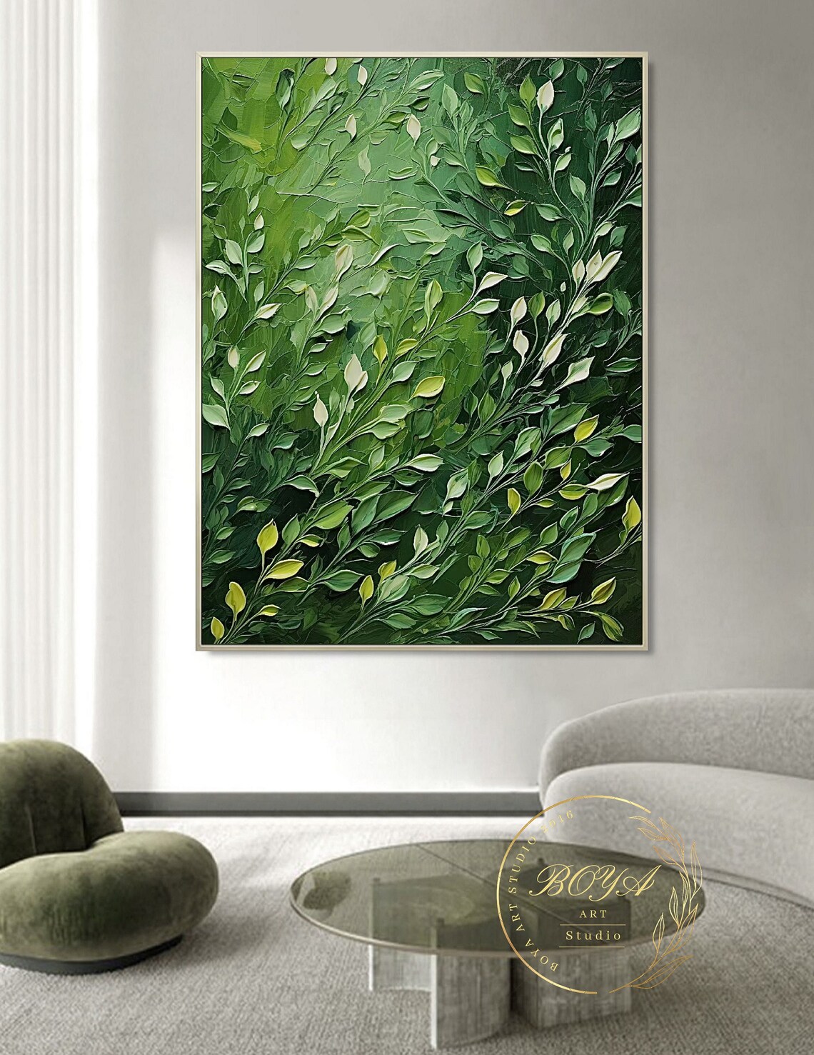 Green Leaves Abstract Painting, Modern Green Art Print - Image 4