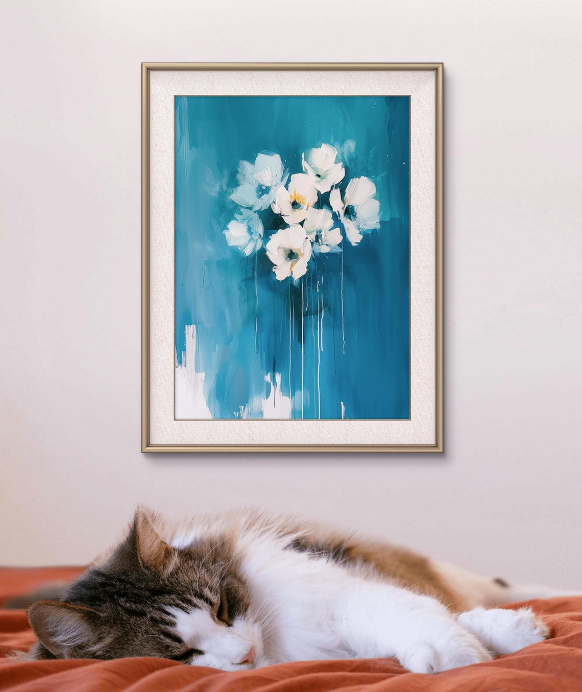 White Flowers On Teal Blue Abstract Background Elegant Floral Poster