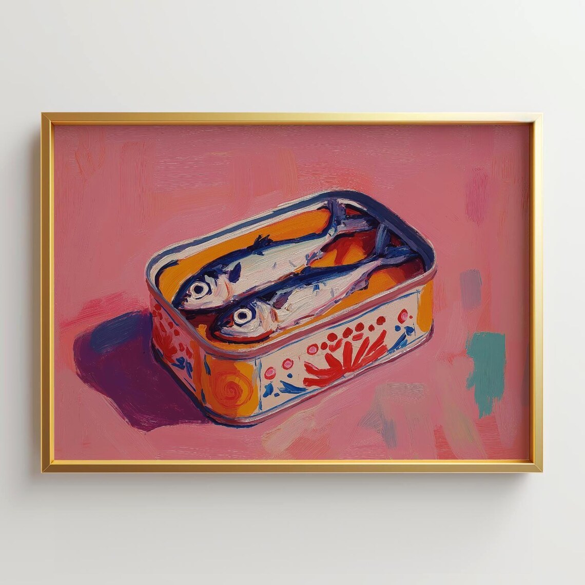 Two Sardines In Decorated Tin Pink Kitchen Oil Painting Art Print