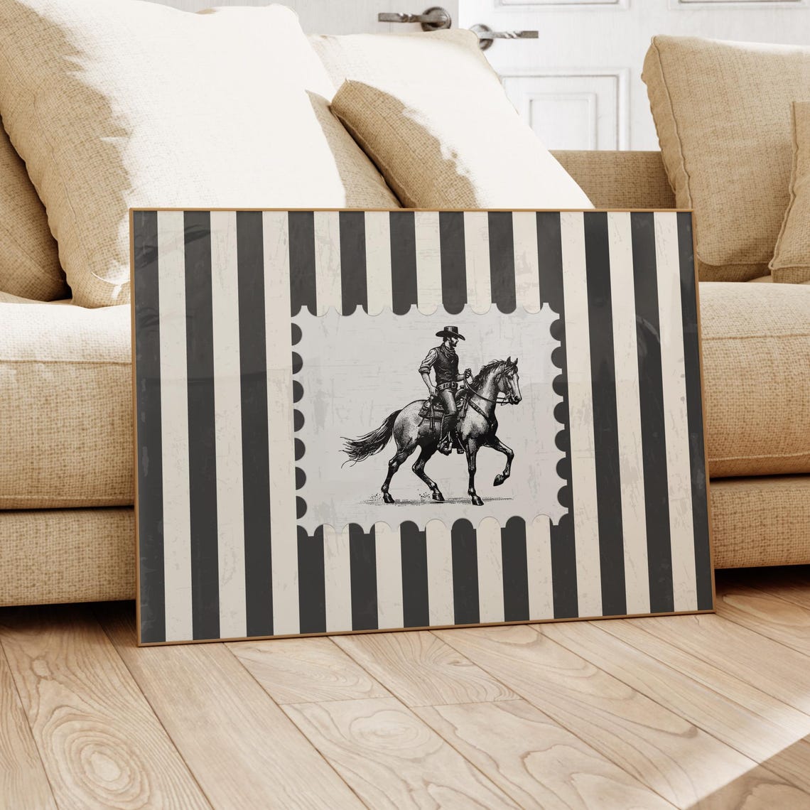Vintage Cowboy Riding Horse Striped Stamp Western Rodeo Art Poster