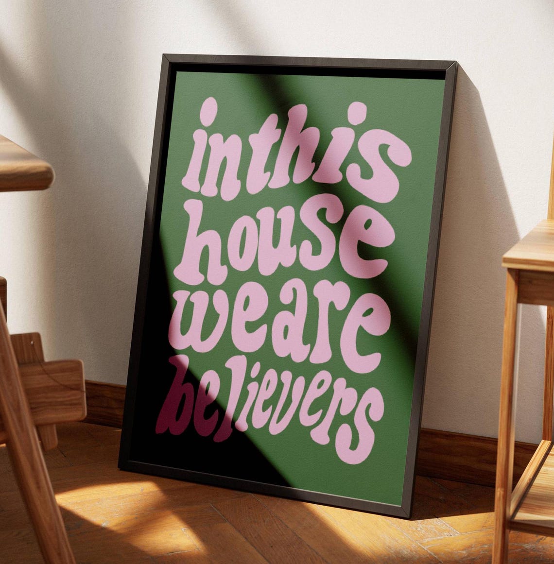In This House We Are Believers Wavy Retro Pink on Green Faith Poster - Image 3