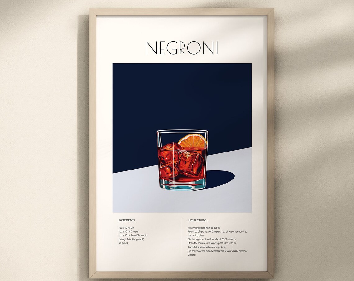 Negroni Cocktail Poster Print, Bar Cart Decor