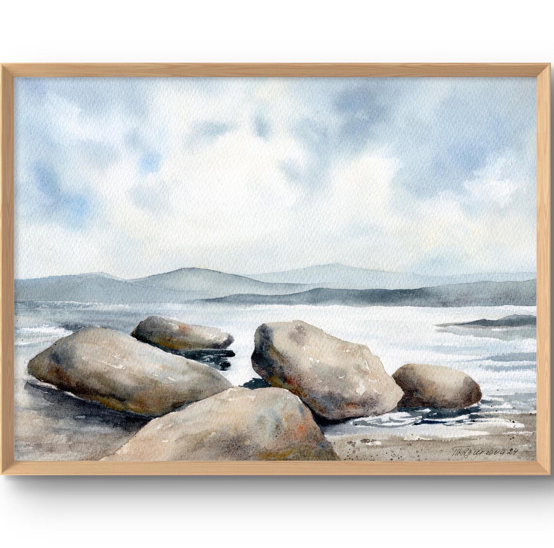 Rocky Shoreline Watercolor Art Print Gray Stones by a Calm Blue Sea