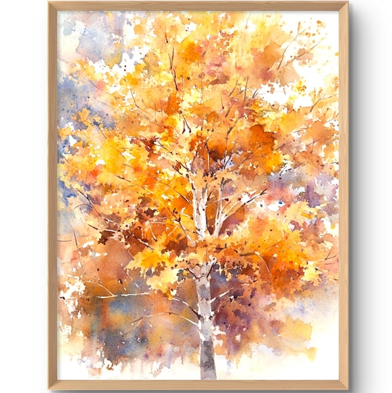 Autumn Birch Tree Watercolor Poster Orange Gold Fall Foliage Fine Art