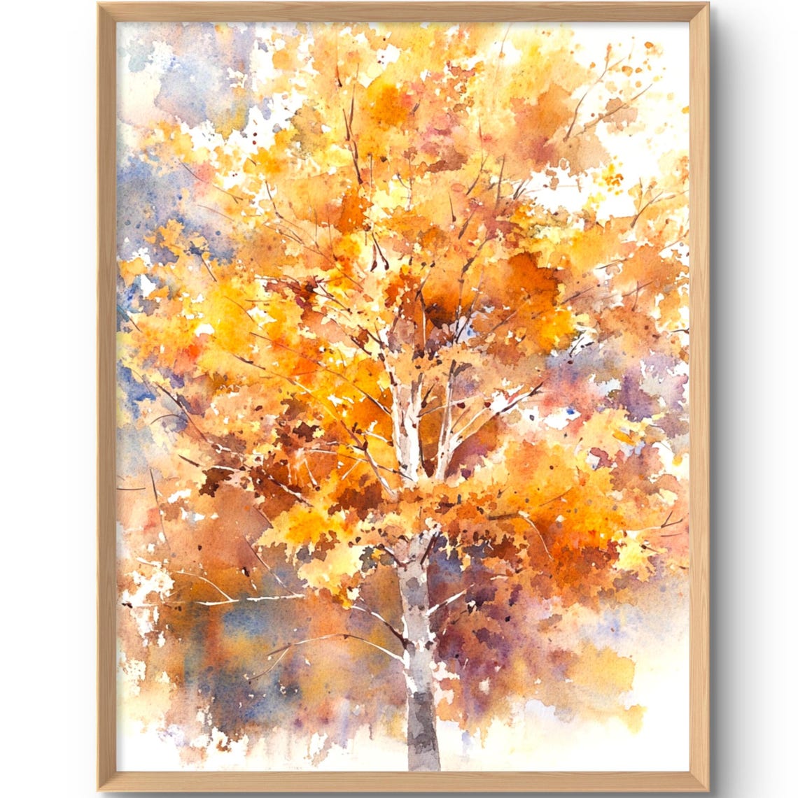Autumn Birch Tree Watercolor Poster Orange Gold Fall Foliage Fine Art