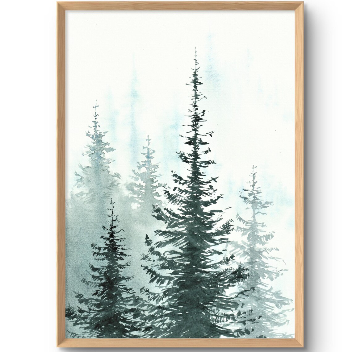 Misty Pine Forest Foggy Evergreen Trees Watercolor Nature Wall Art