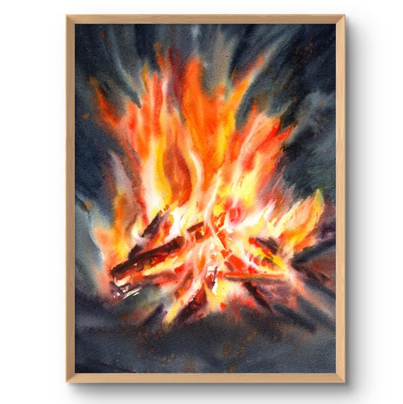 Campfire Painting Watercolor Art Print Bonfire Wall Cozy Fireplace Decor Rustic Fire Artwork Flame Poster From Original