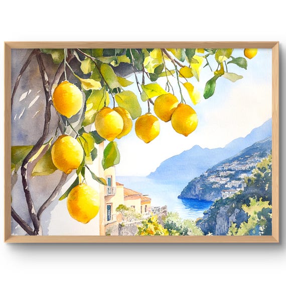 Lemon Tree Art Print Positano Wall Italy Artwork Italian Painting Watercolor Style Cityscape Amalfi Coast Poster
