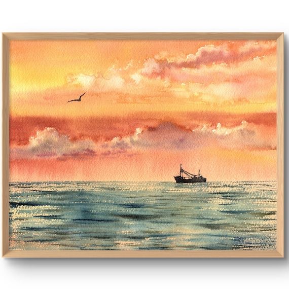 Sunset Ocean Sailboat Ship Silhouette Watercolor Seascape Print