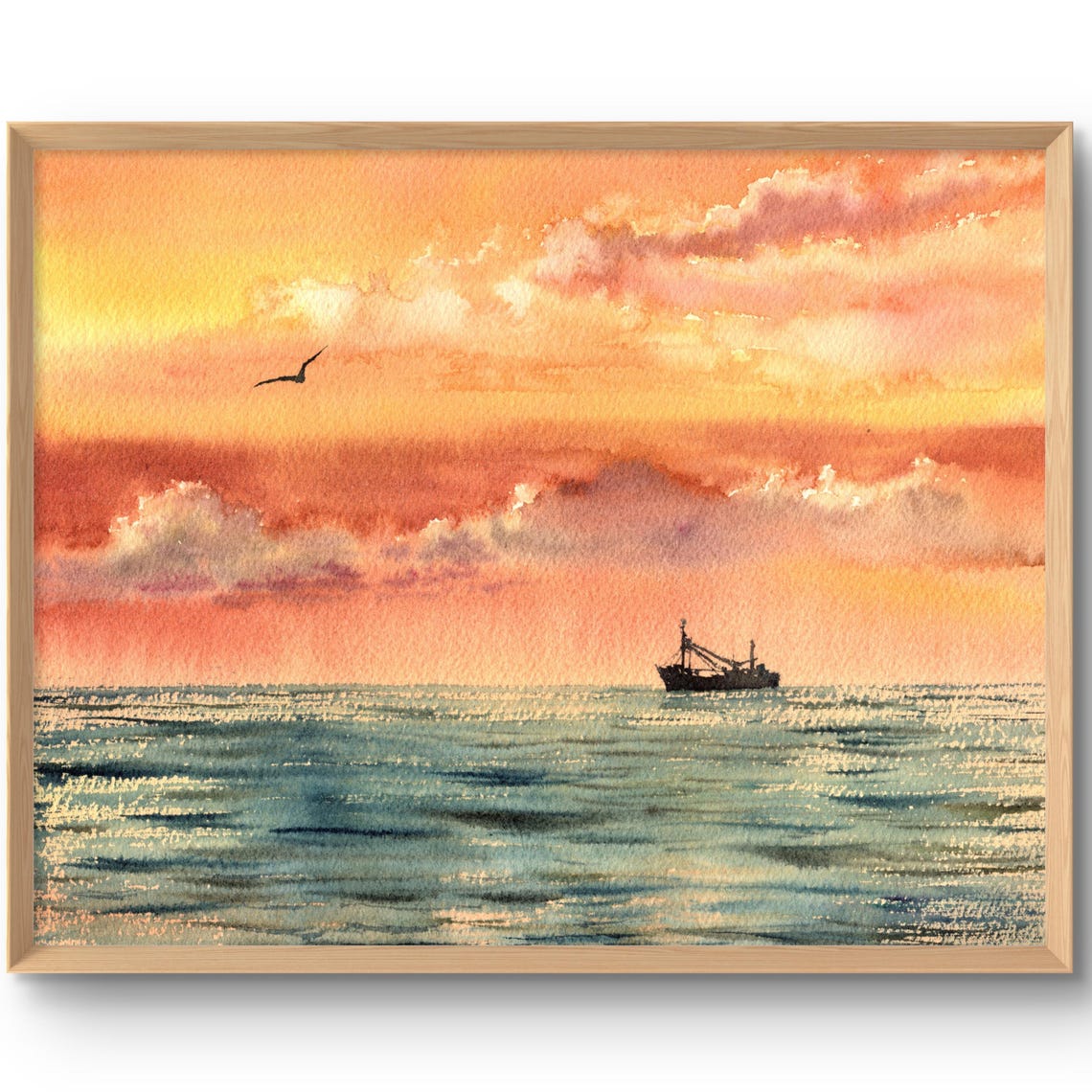 Sunset Ocean Sailboat Ship Silhouette Watercolor Seascape Print