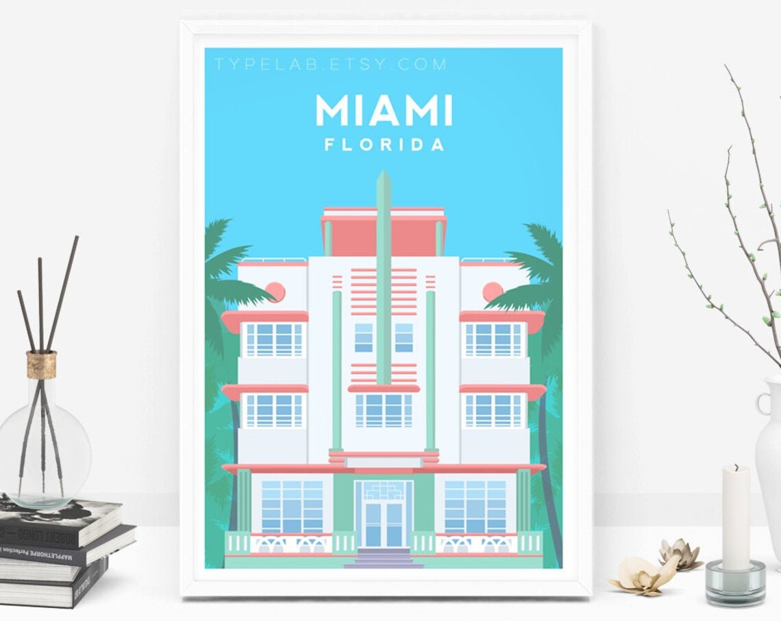 Miami Florida Art Deco Hotel Pastel Architecture Travel Poster