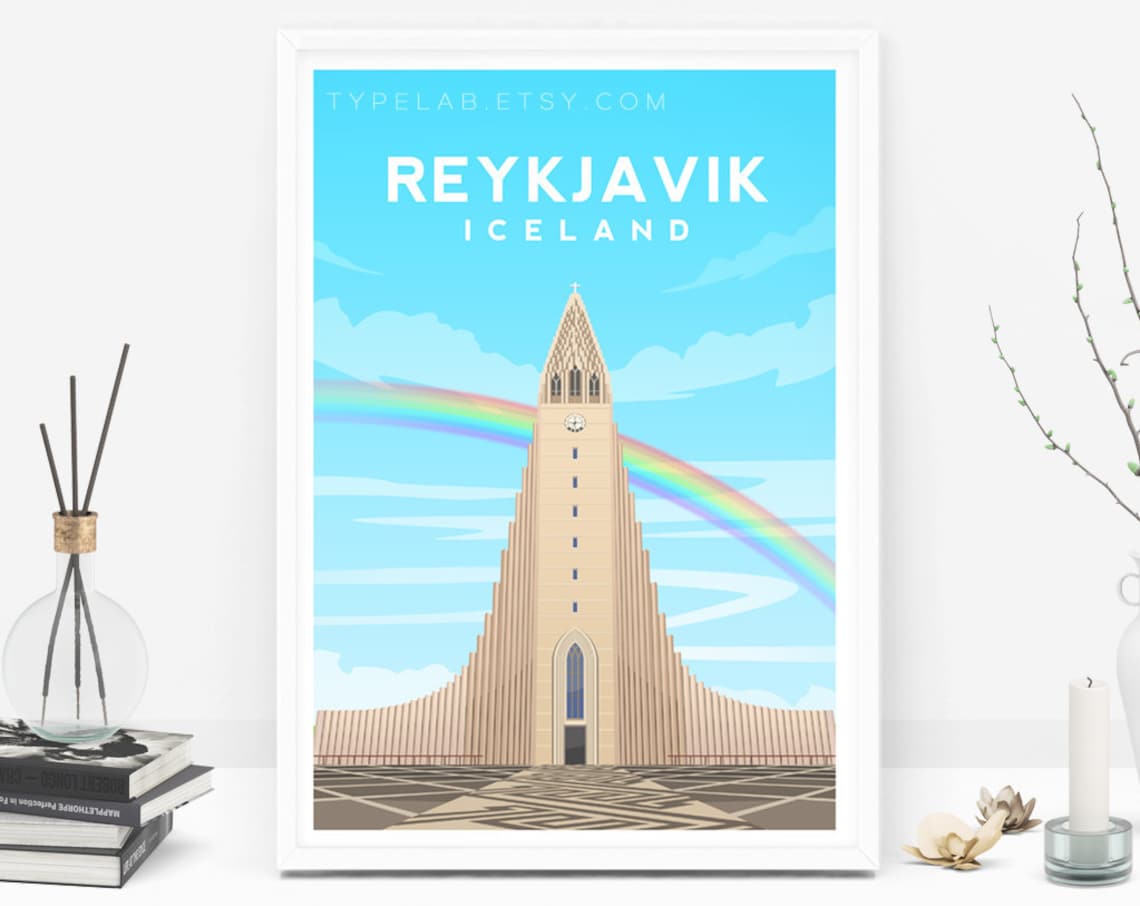 Reykjavik Travel Poster, Hallgrimskirkja Cathedral