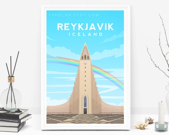 Reykjavik Travel Poster, Hallgrimskirkja Cathedral
