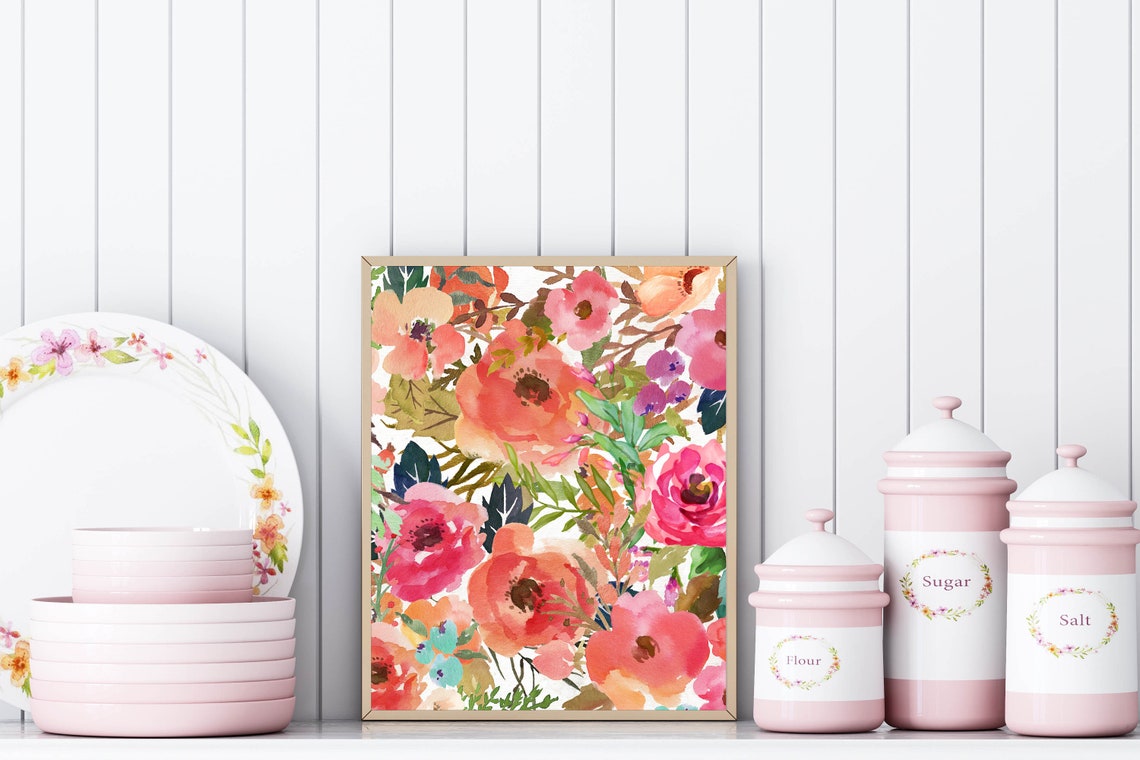 Pink and Coral Watercolor Floral Pattern Botanical Artwork Poster - Image 3