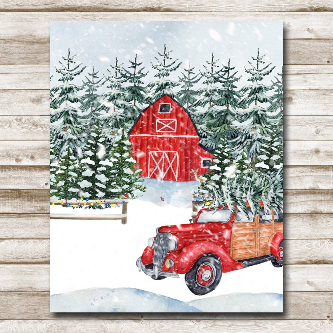 Christmas Tree Farm Red Barn Vintage Red Car Snowy Holiday Poster - Image 4