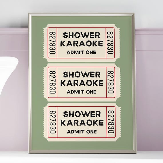 Shower Karaoke Ticket Sage Green Print Bathroom Poster Retro Funny Wall Art Trendy Cute Decor