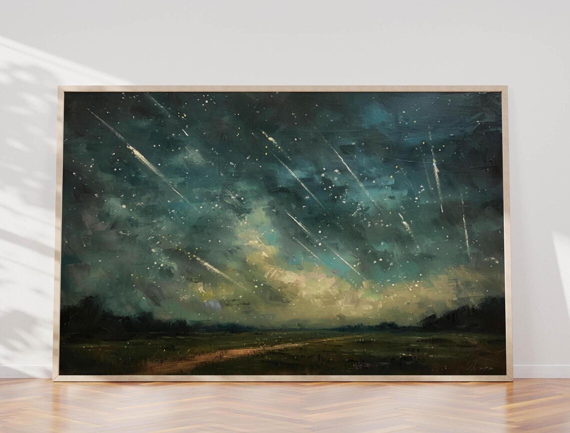 Vibrant Meteor Shower Over Teal Meadow Starry Night Art Poster