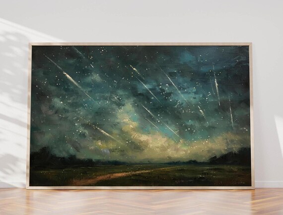 Vibrant Meteor Shower Over Teal Meadow Starry Night Art Poster