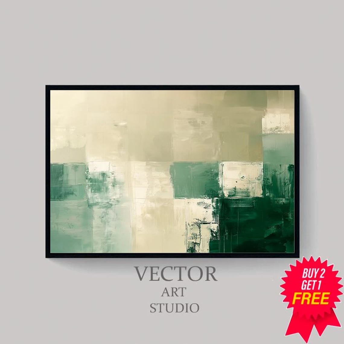 Cream Sage Green Abstract Squares Contemporary Minimal Art Poster - Image 4