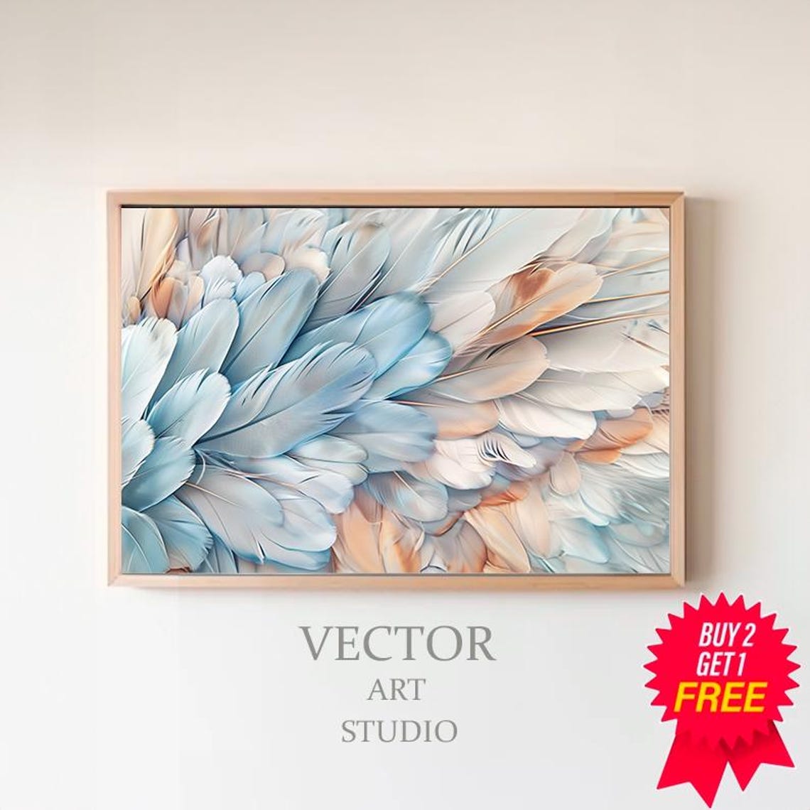 Close Up Feather Painting in Blue Beige and White Tones Poster