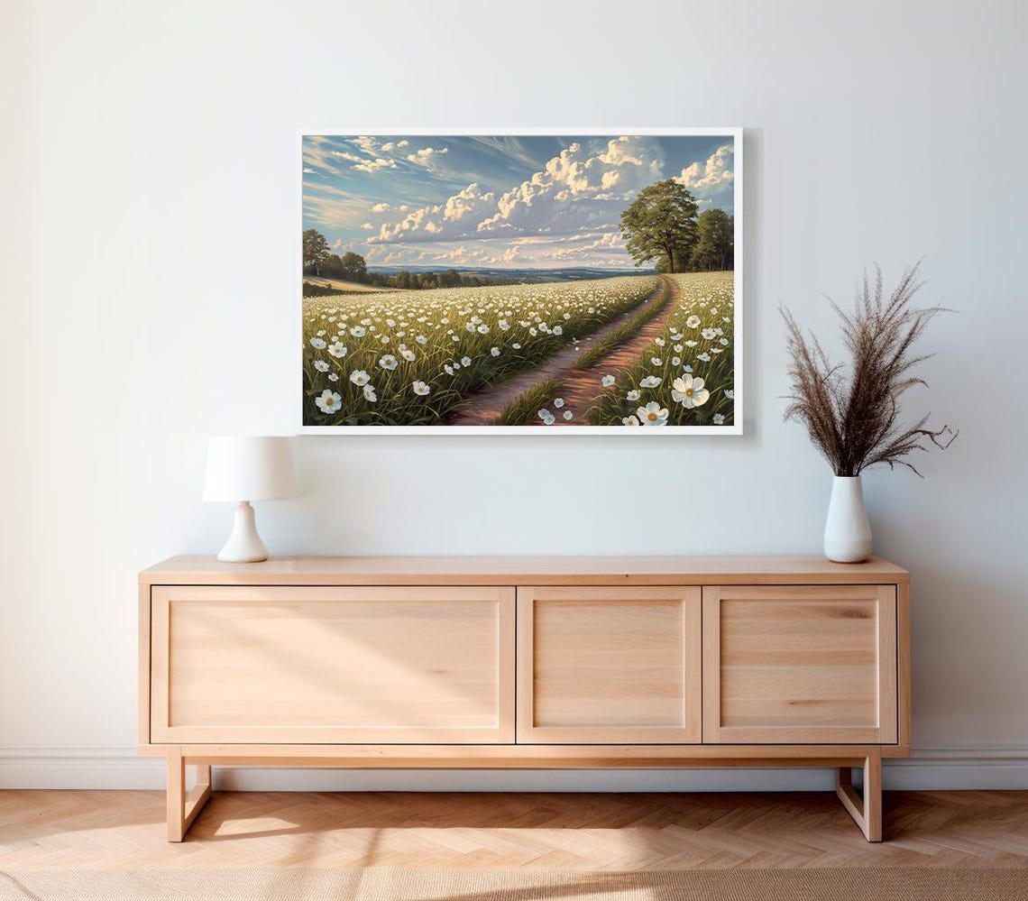 White Wildflower Meadow With Winding Country Path Vintage Poster - Image 2