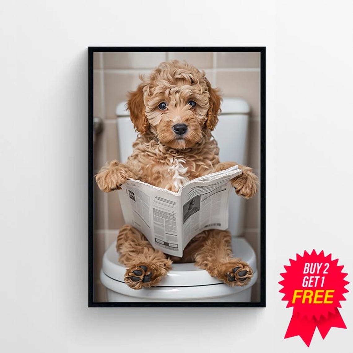 Cockapoo Puppy on Toilet Reading Newspaper Funny Bathroom Art Print - Image 4