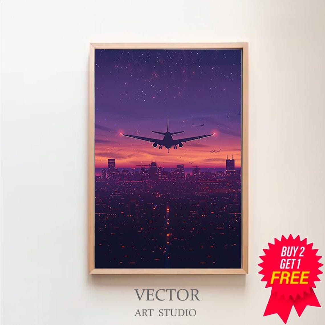 Airplane Silhouette Soaring Over City Lights at Sunset Sky Poster