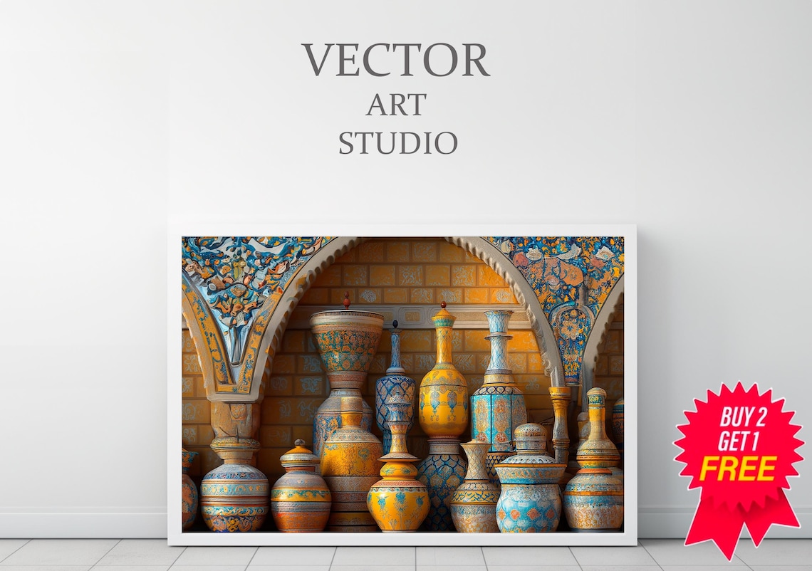 Ornate Moroccan Pottery Vases Under Tiled Moorish Arches Art Poster - Image 3