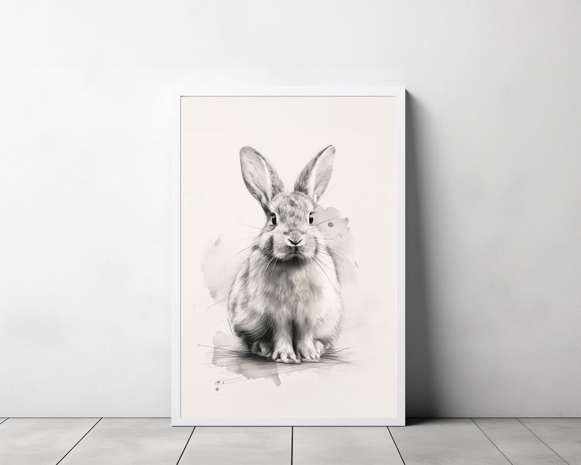 Cute Bunny Front View Delicate Ink Sketch Rabbit Watercolor Poster - Image 3