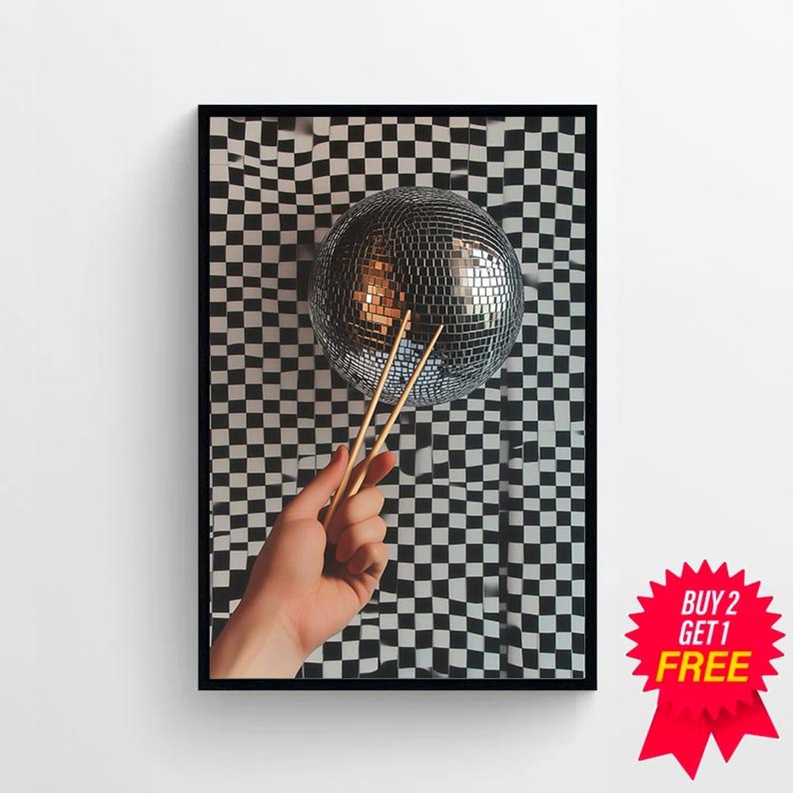 Hand Holding a Silver Disco Ball with Chopsticks Retro Pop Art Poster - Image 4