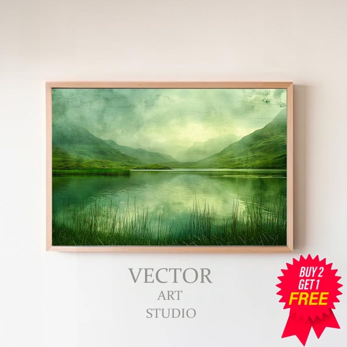 Moody Green Mountain Lake with Reeds in Soft Misty Light Poster