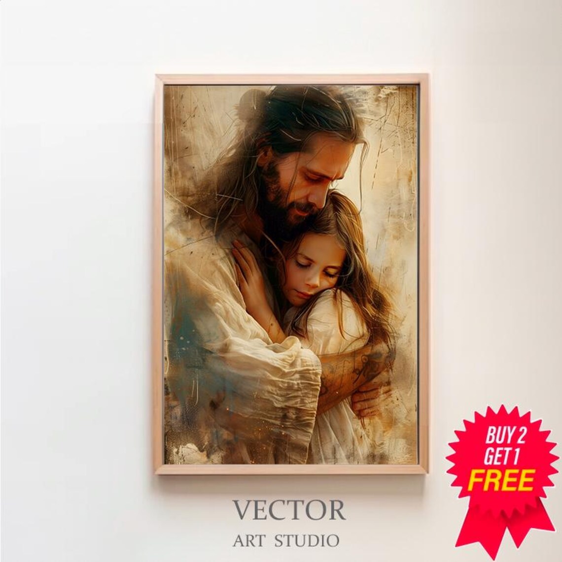 Jesus Embracing a Young Girl Comforting Christian Art Poster