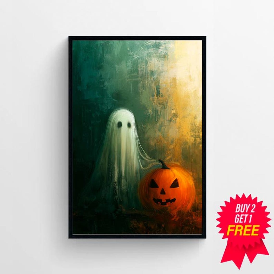 Sheet Ghost Beside a Glowing Jack-o-Lantern in Dark Woods Poster - Image 4