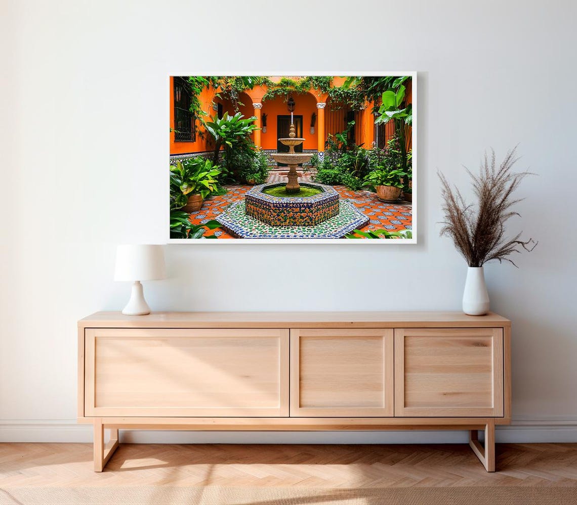 Mexican Courtyard Hexagonal Mosaic Fountain Garden View Poster - Image 2