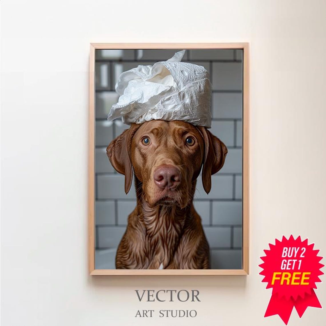 Funny Wide-Eyed Vizsla with Toilet Paper Hat Fresh from Bath Poster