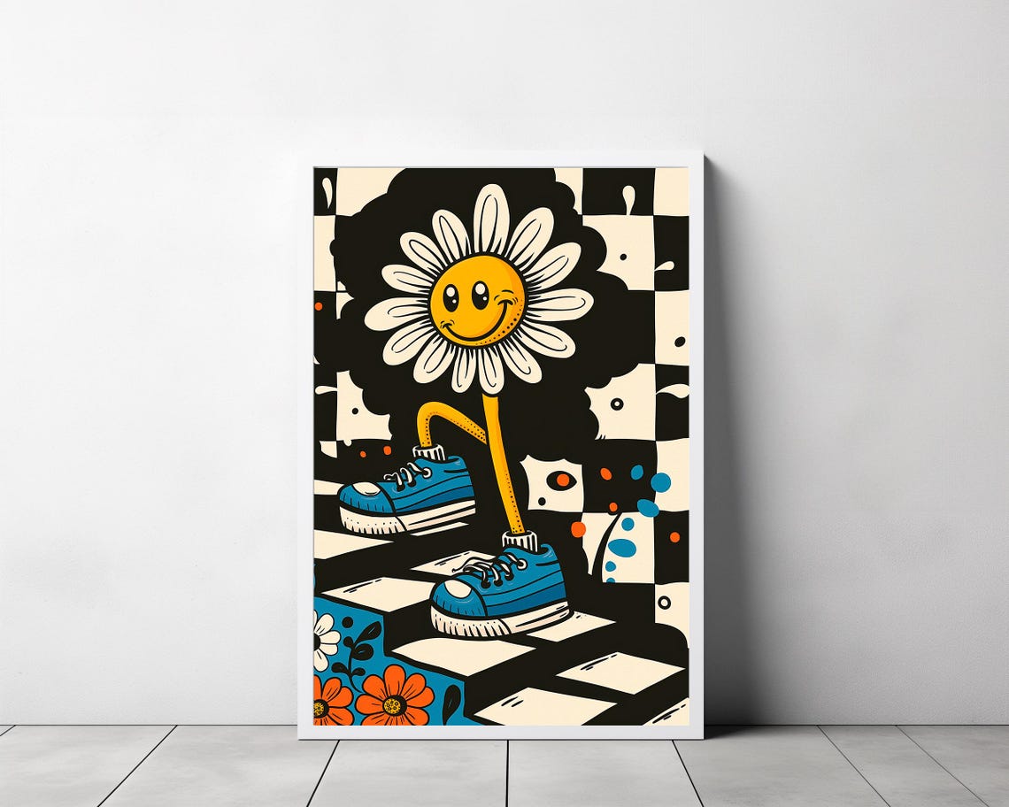 Winking Daisy Sneakers Checkered Pop Art Retro Flower Poster - Image 3
