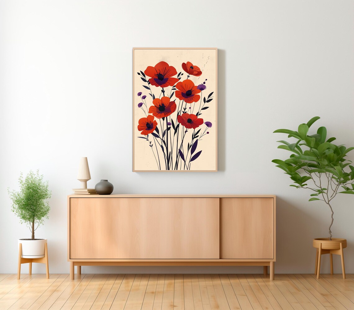 Red Poppies with Purple Wildflower Accents Floral Art Poster - Image 2