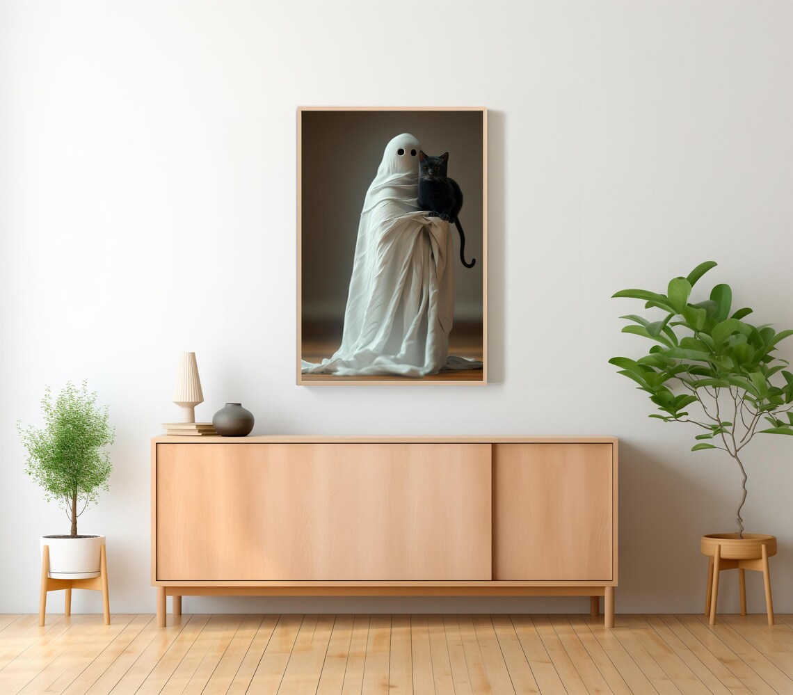 Cute Ghost Holding A Black Cat Spooky Sweet Halloween Art Poster - Image 2