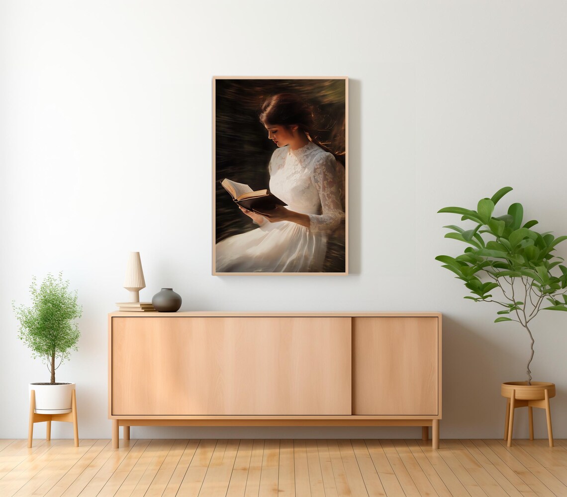 Woman Reading in a White Dress Vintage Style Library Art Poster - Image 2