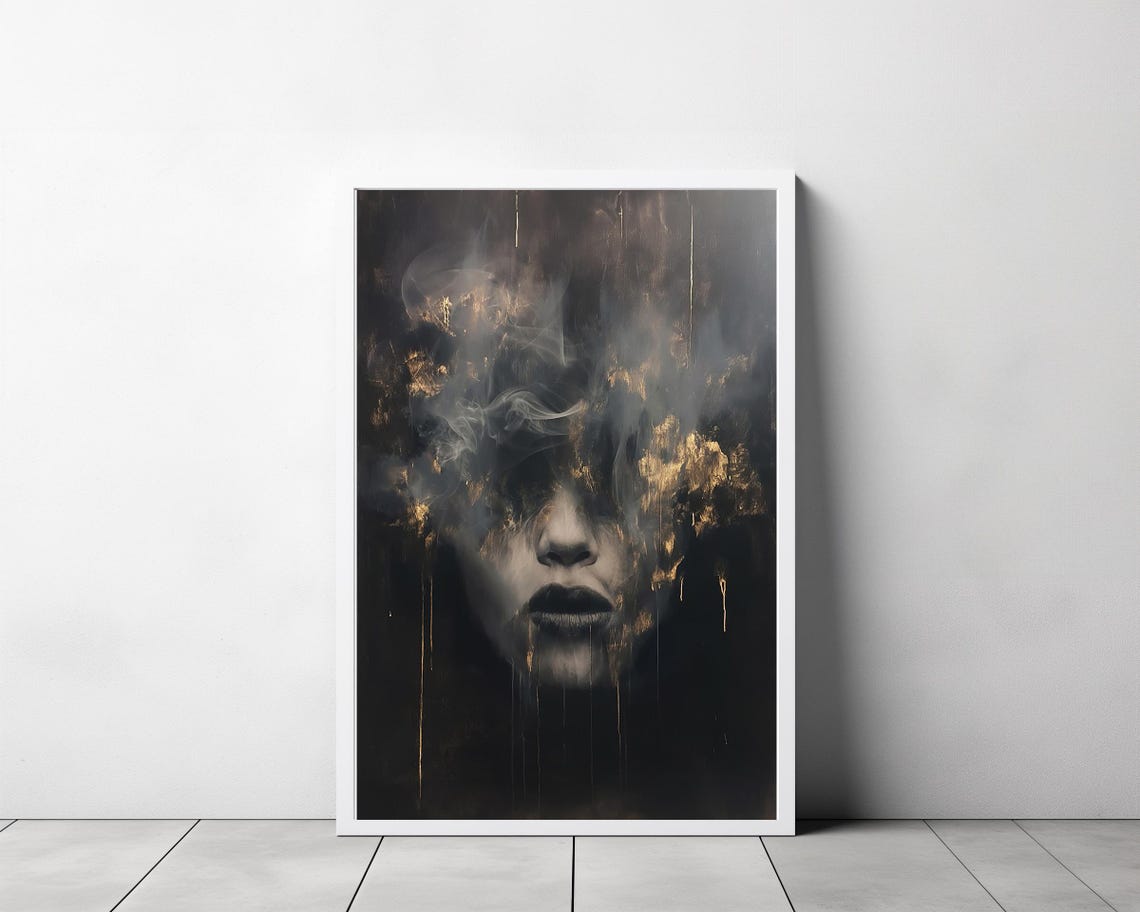 Woman Face Emerging from Dark Smoke Gold Flecks Surreal Poster - Image 3