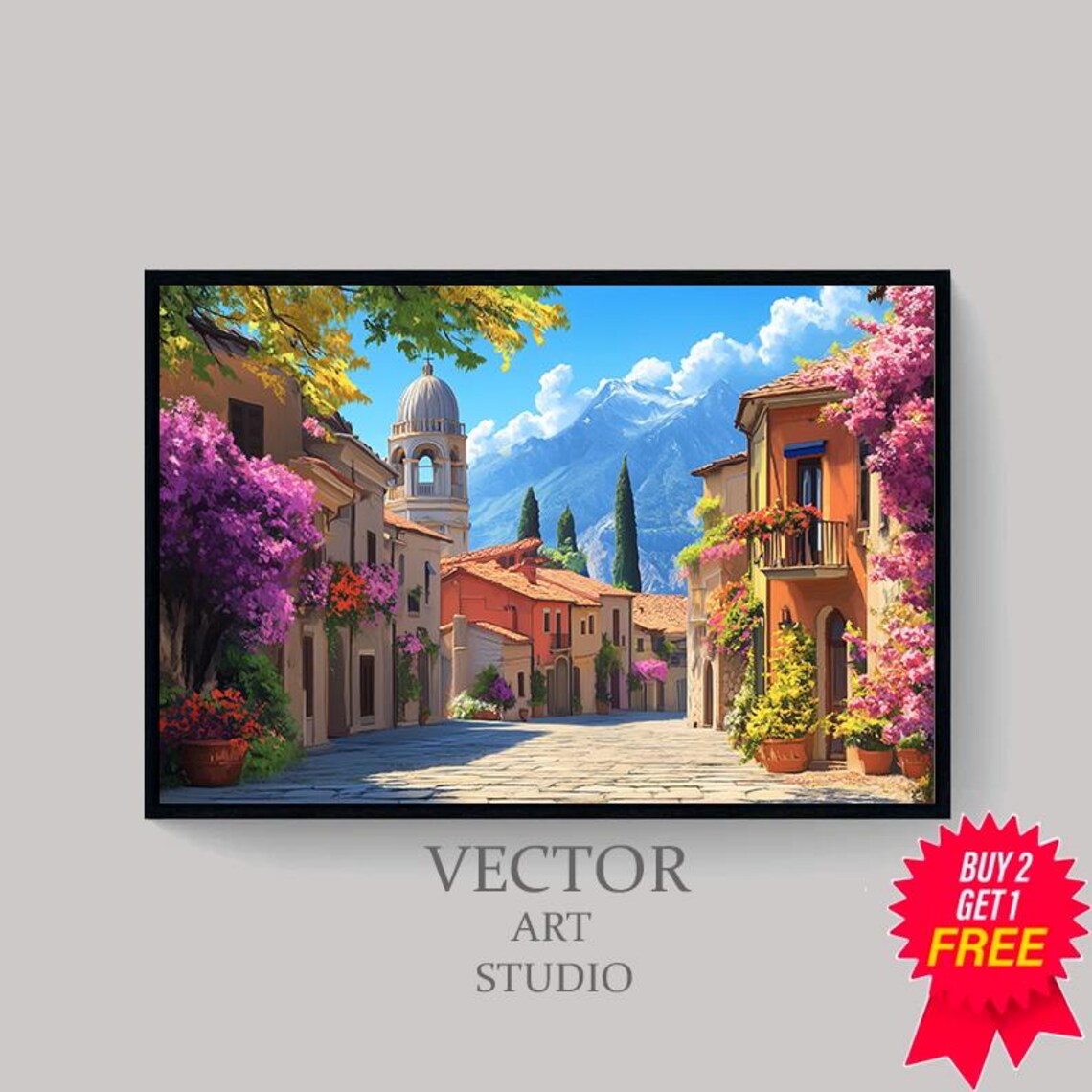 Mexican Village Street Church Dome Bougainvillea Mountain Art Poster - Image 4