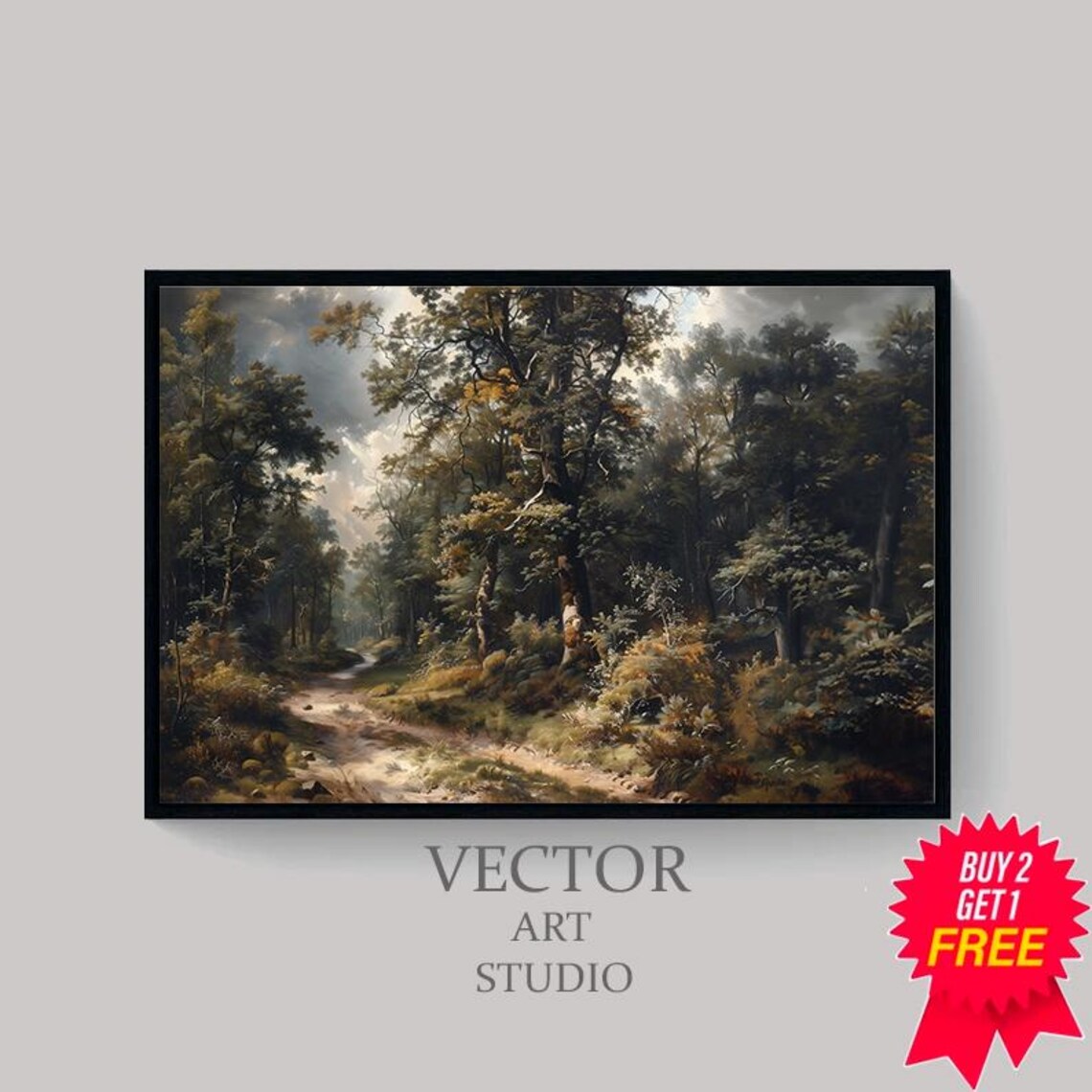 Vintage Oil Painting of a Dark Forest Path at Dusk Landscape Poster - Image 4