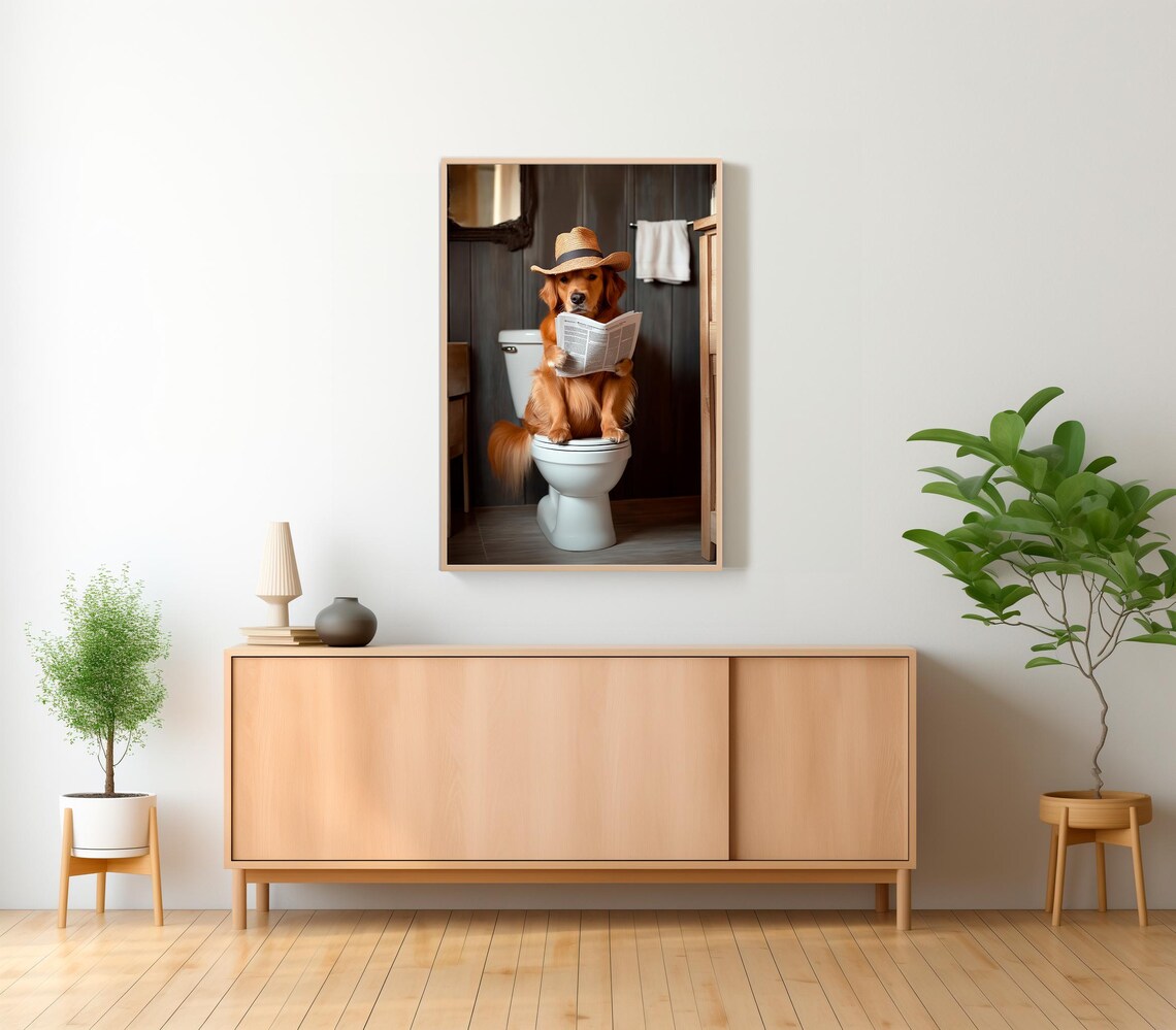 Golden Retriever In Straw Cowboy Hat On Toilet Reading Poster - Image 2