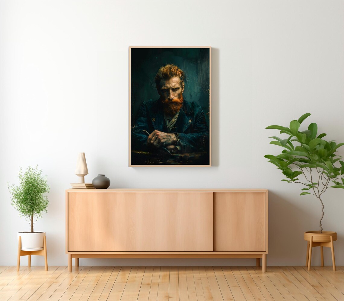Brooding Red-Bearded Man in Dark Teal Vintage Portrait Poster - Image 2